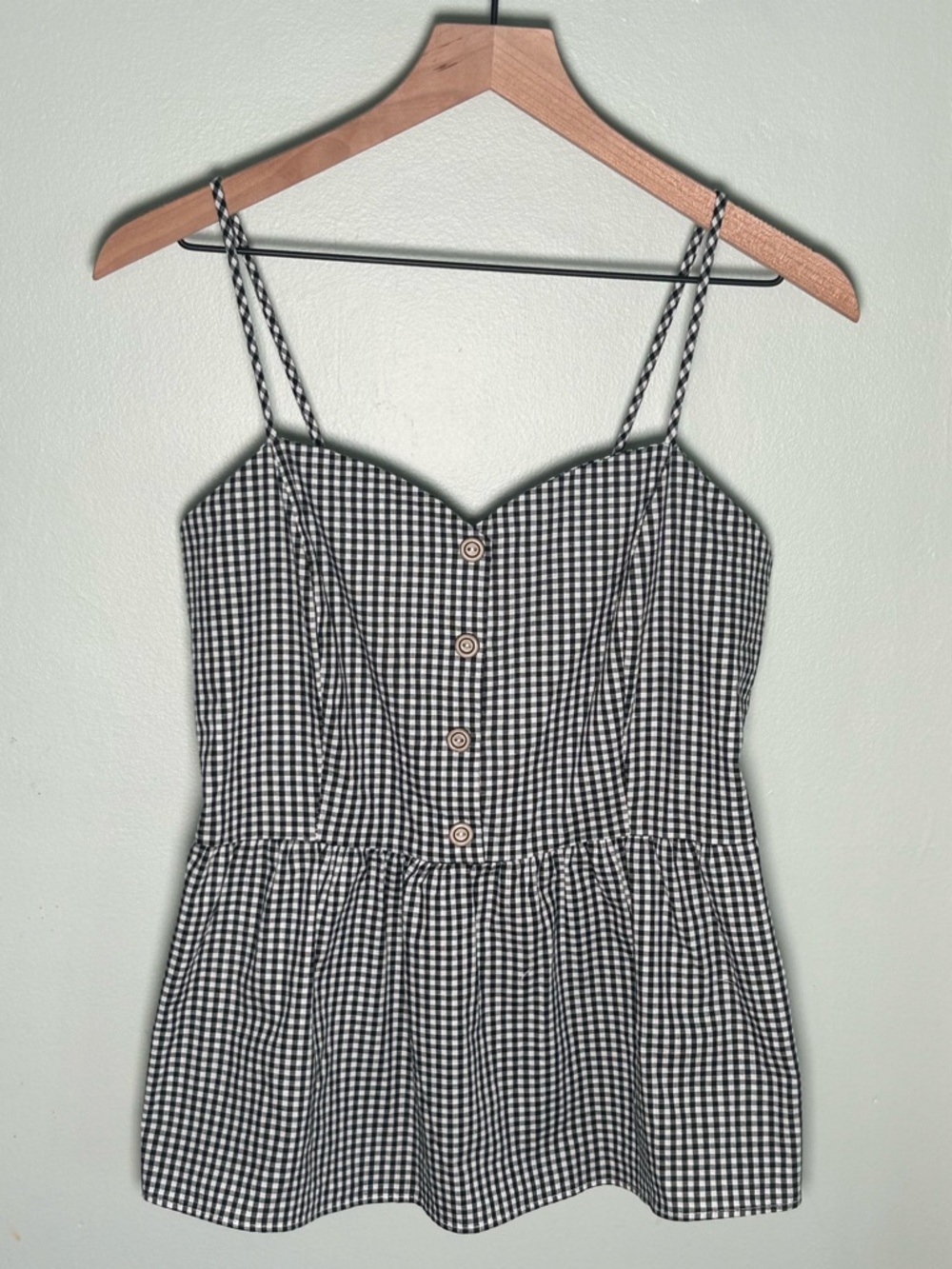 Potter's Pot Black and White Gingham Spaghetti Strap Peplum Top
